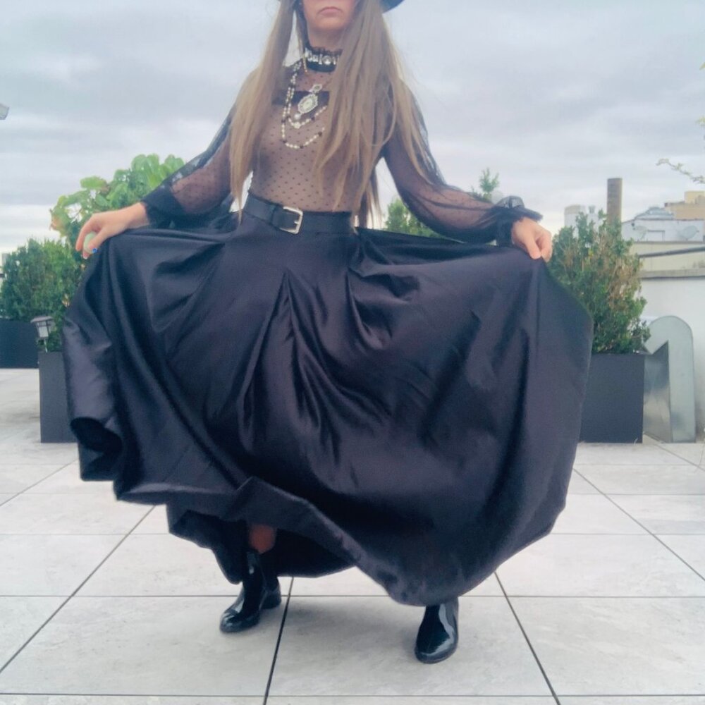 Anthro Full Satin Skater Drama Black Tie Dress Up Maxi Flare Skirt Pockets NWOT - Picture 12 of 16